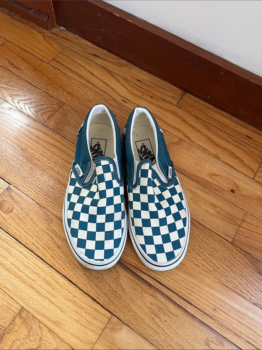 Vans Checkerboard Slip-On Shoes - Teal and White